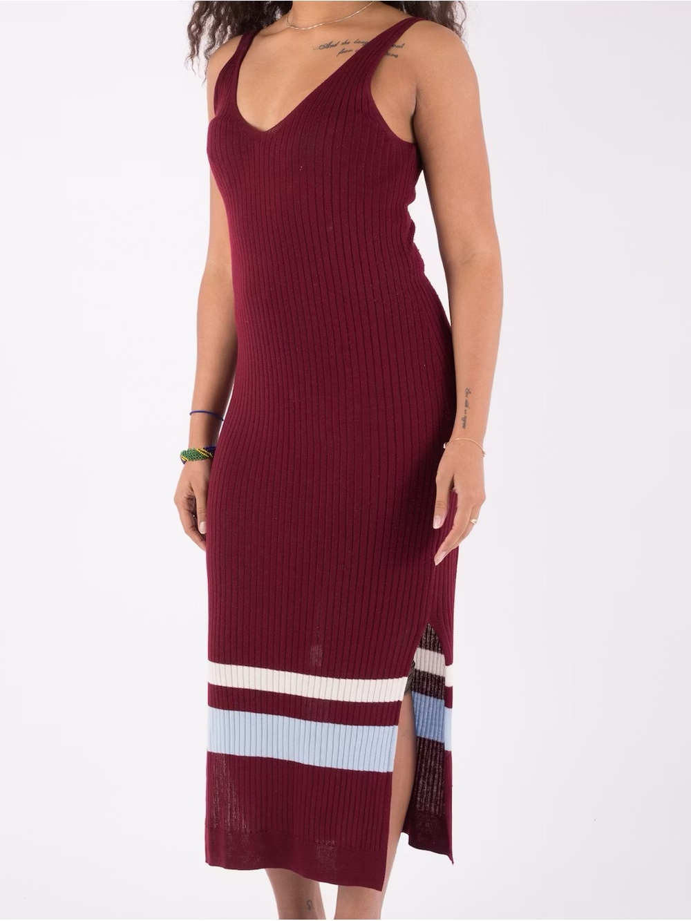 H&M Burgundy Ribbed V-Neck Midi Dress with Contrast Stripes